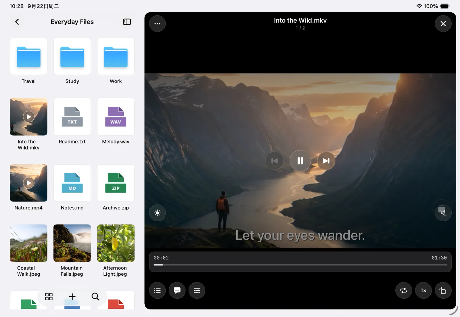 FileBox on iPad: files alongside a video with subtitles